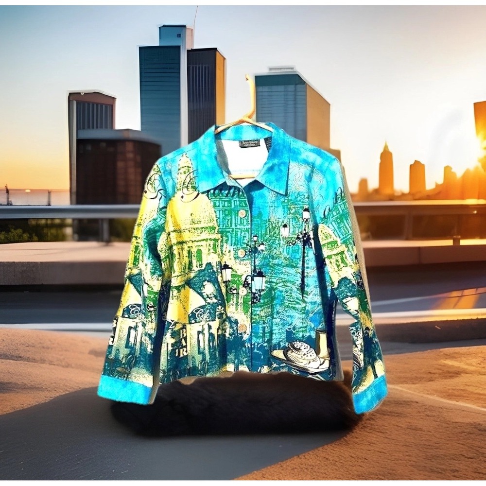 Jane Ashley Casual Lifestyle Women's Turquoise‎ & Yellow Rome Theme Jacket Sz LG